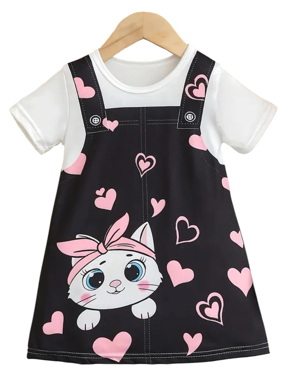 5/$10 Cute Cat Overall Dress and T-Shirt – Pink Heart Print Baby Girl